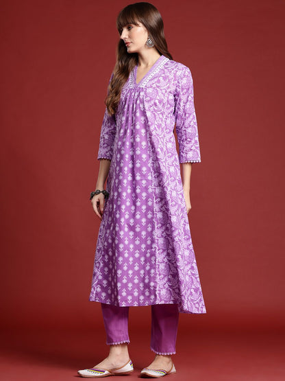 Floral Printed Pleated Pure Cotton Kurta With Trousers & Dupatta