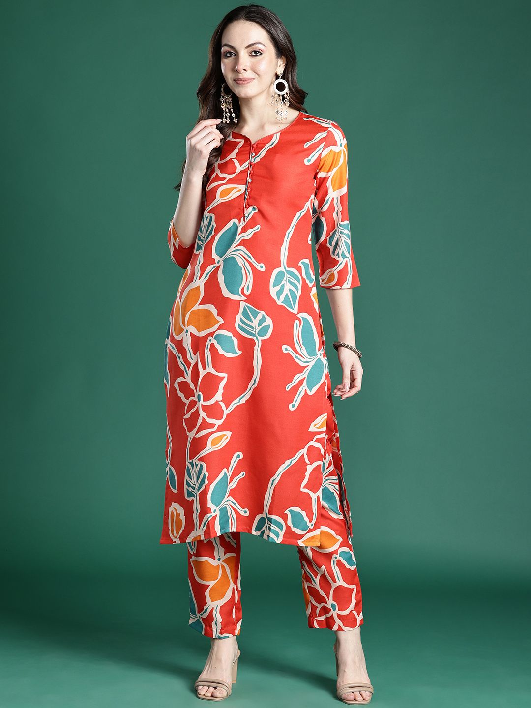 Dhiyona IE Floral Printed Regular Pure Cotton Kurta with Trousers