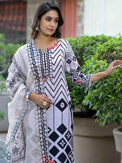 Dhiyona VA Women'sGeometric Printed Straight Kurta With Trousers & Dupatta