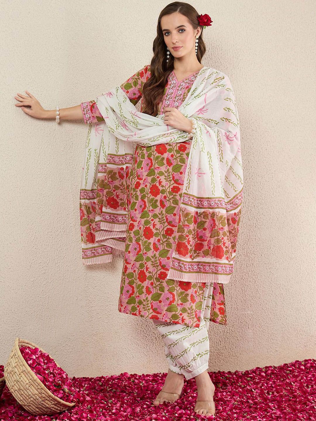 Dhiyona IE Floral Printed Pure Cotton V-Neck A-Line Kurta With Salwar And Dupatta