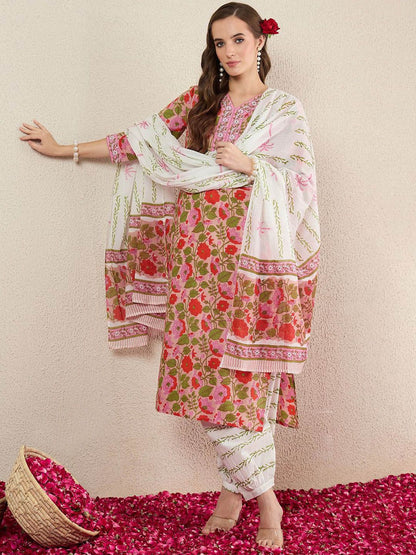 Dhiyona IE Floral Printed Pure Cotton V-Neck A-Line Kurta With Salwar And Dupatta