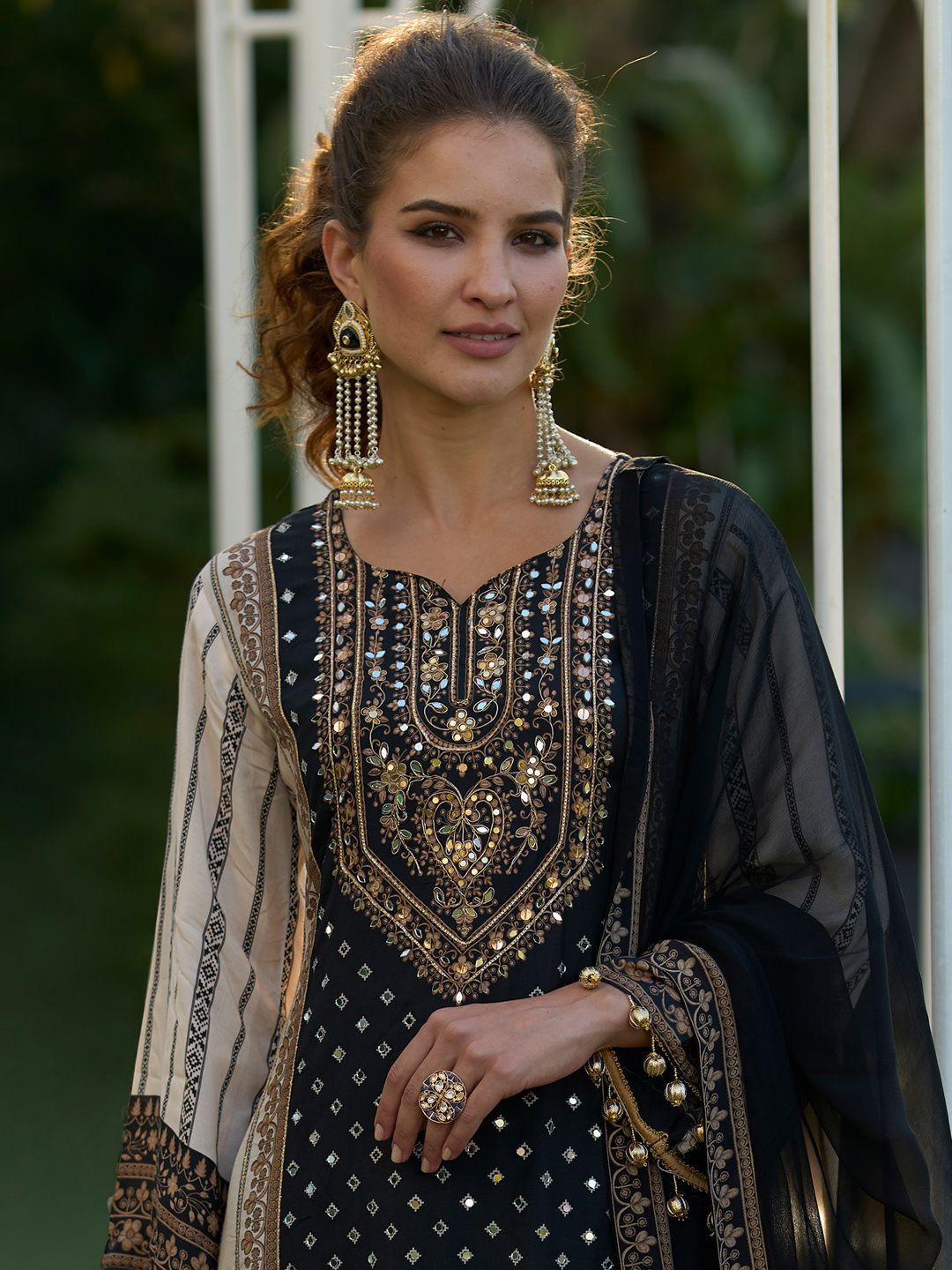 Floral Printed Sweetheart Neck Mirror Work Straight Kurta With Palazzos & Dupatta