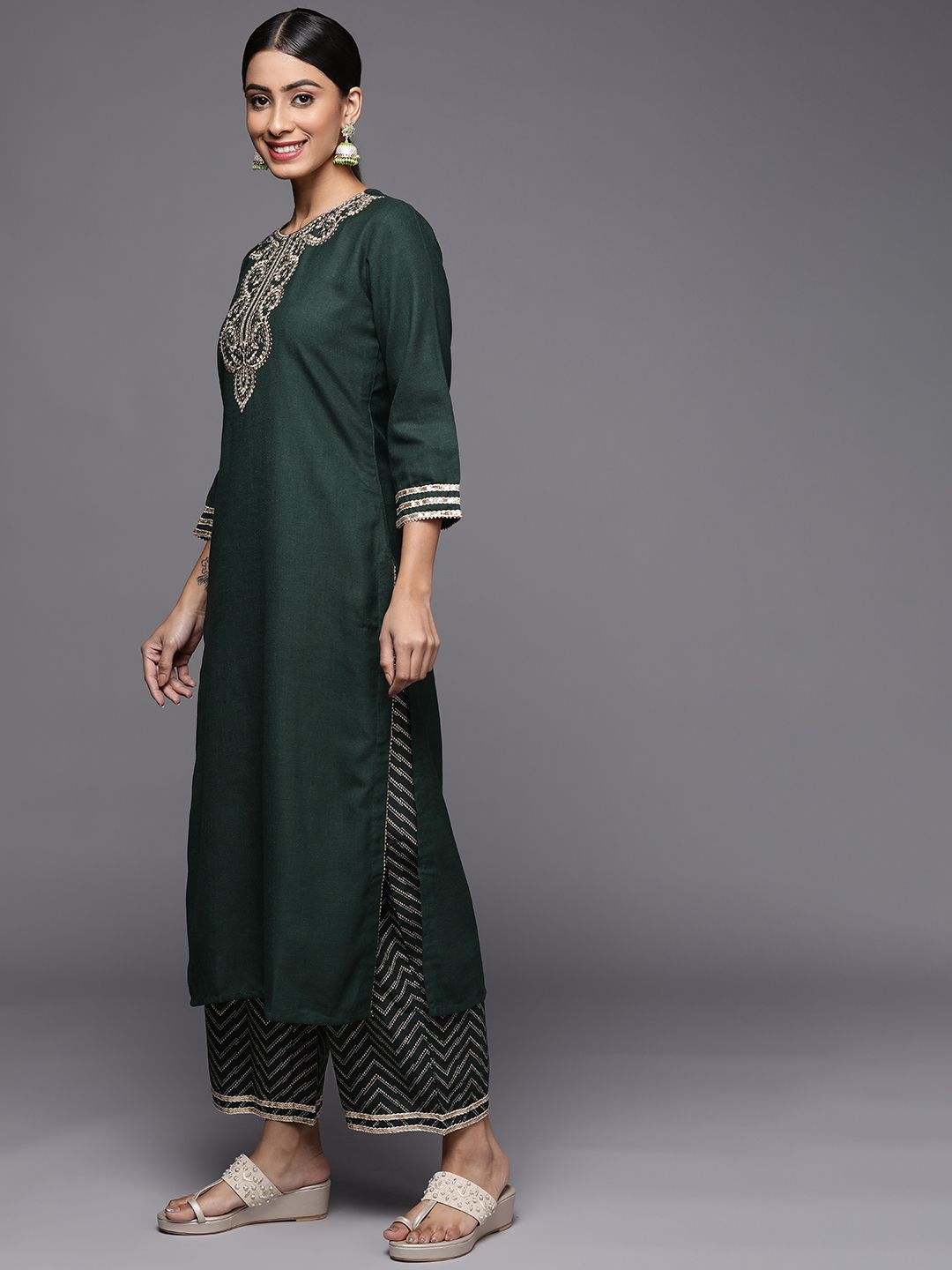 Dhiyona IE Women Green Ethnic Motifs Embroidered Zardozi Liva Kurta with Palazzos & With Dupatta