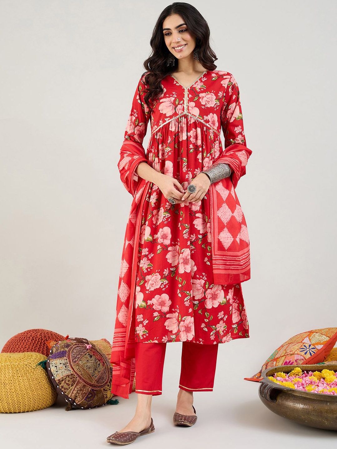 Dhiyona IE Floral Printed Empire Gotta Patti Pure Cotton Kurta & Trousers & Dupatta