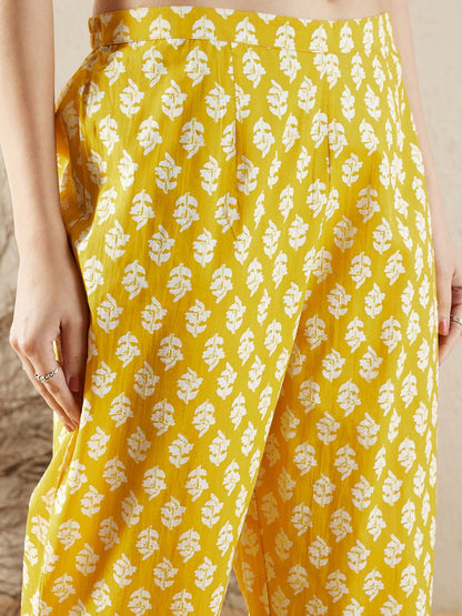 Dhiyona IE V Neck Floral Printed Empire Mirror Work Pure Cotton Kurta Set