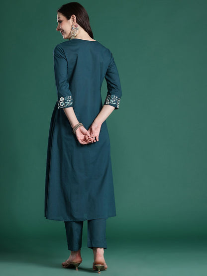 Dhiyona IE Floral Embroidered Pleated Thread Work Pure Cotton Kurta with Trousers