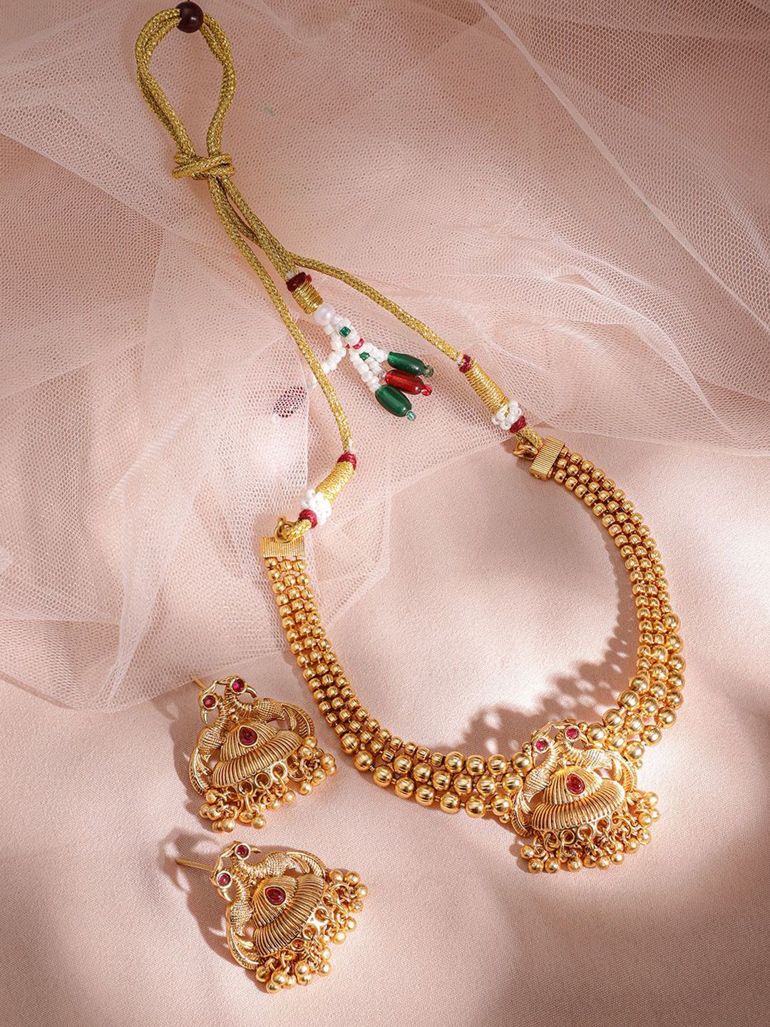 Dhiyona RJ Women's 22K Gold-Plated Red Stone with Gold Beaded Peacock Design Traditional Necklace Set
