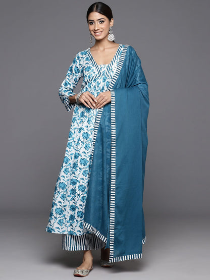 Dhiyona VA Women'sPrinted Regular Kantha Work Pure Cotton Kurta with Palazzos & Dupatta