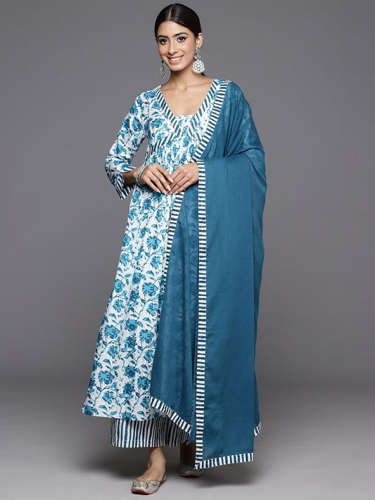 Dhiyona VA Women'sPrinted Regular Kantha Work Pure Cotton Kurta with Palazzos & Dupatta