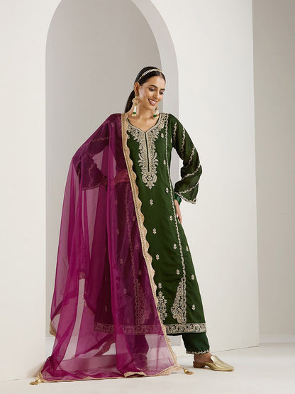 Dhiyona IS Women's Green Ethnic Motifs Embroidered Chinon Straight Kurta With Trousers & Dupatta