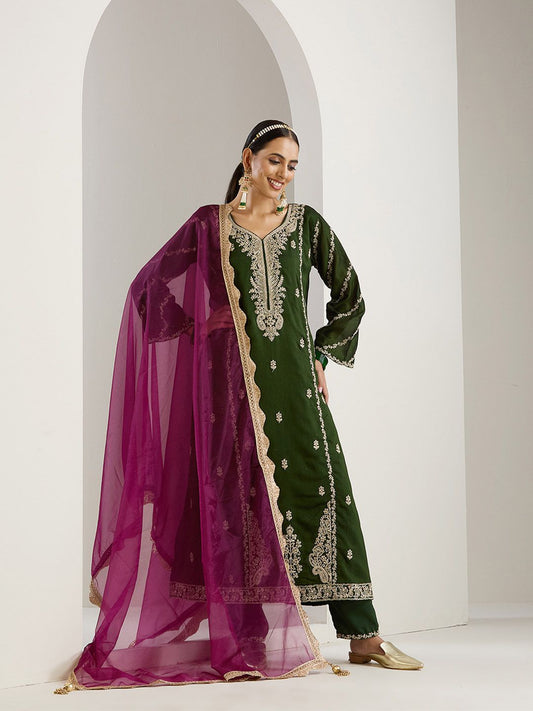 Dhiyona IS Women's Green Ethnic Motifs Embroidered Chinon Straight Kurta With Trousers & Dupatta