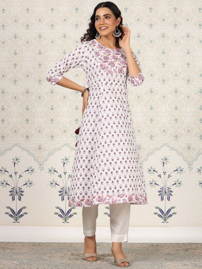 Dhiyona OD  White Floral Printed Pure Cotton A-Line Kurta