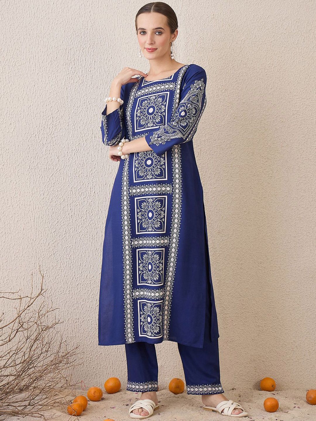 Dhiyona IE Floral Printed Round Neck Straight Kurta With Trouser