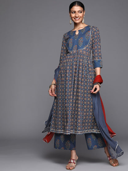 Dhiyona VA Women's Blue Ethnic Motifs Printed Pure Cotton Kurta with Trousers & Dupatta