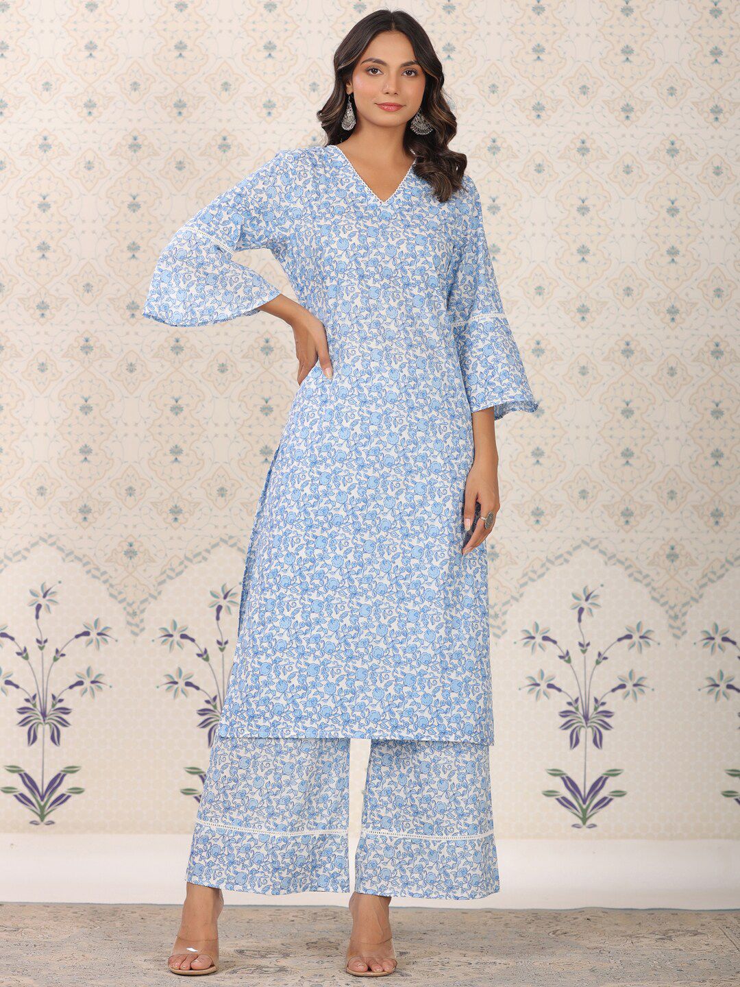 Dhiyona OD  Floral Printed Bell Sleeves Pure Cotton Kurta With Palazzos
