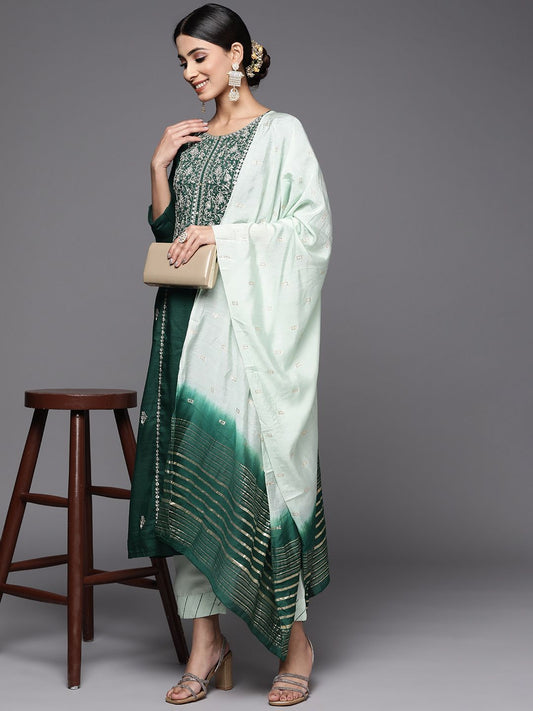 Dhiyona VA Women's Green Embroidered Gotta Patti Pure Cotton Kurta with Trousers & Dupatta