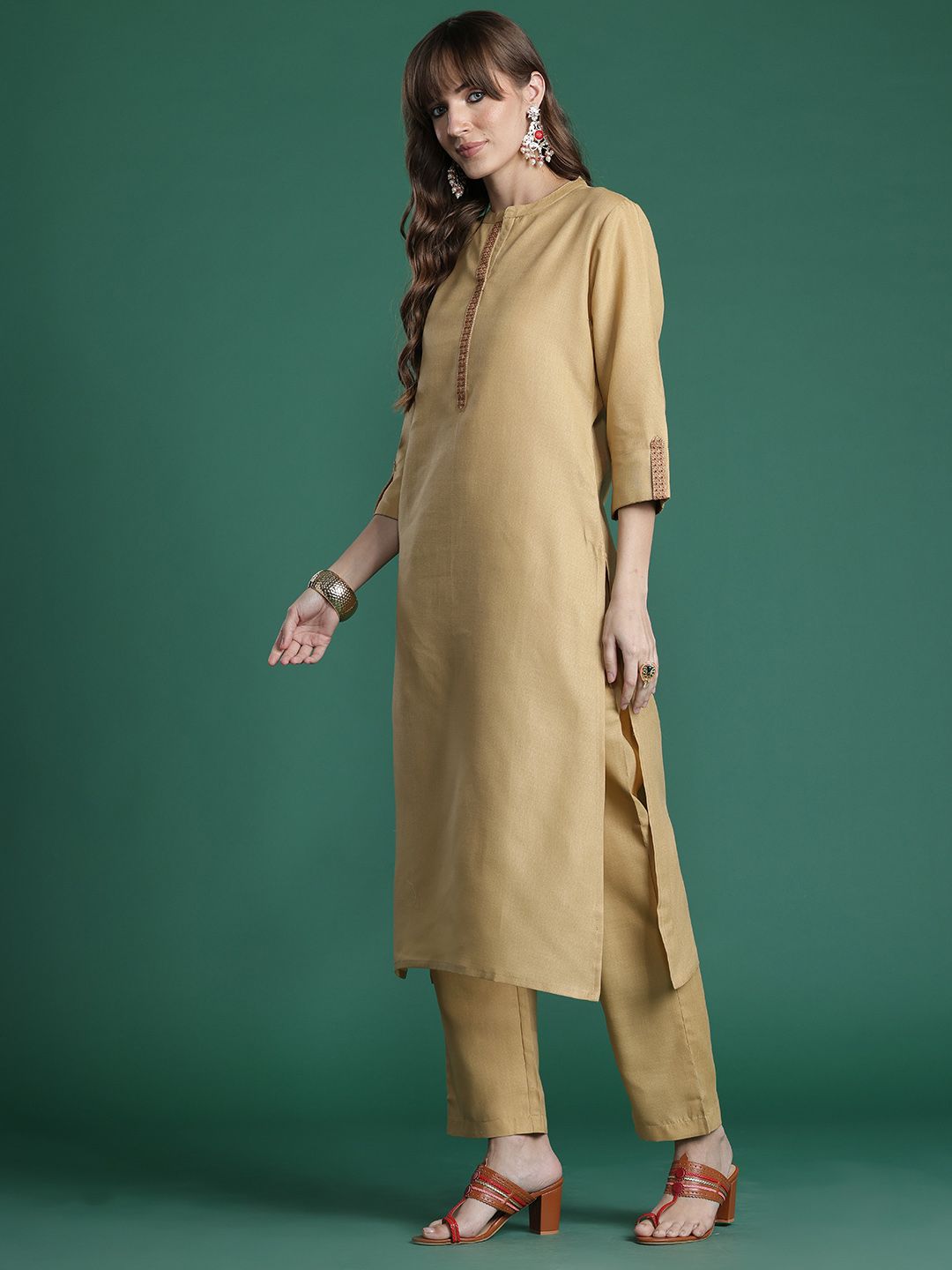 Yoke Design Thread Work Kurta With Trousers & Dupatta