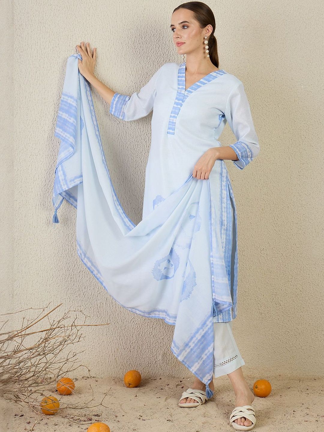 Women Abstract Printed Linen Kurta with Trousers & Dupatta