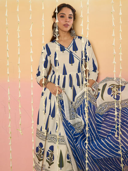 Ethnic Motifs Printed Angrakha A-Line Pure Cotton Kurta With Trousers & Dupatta