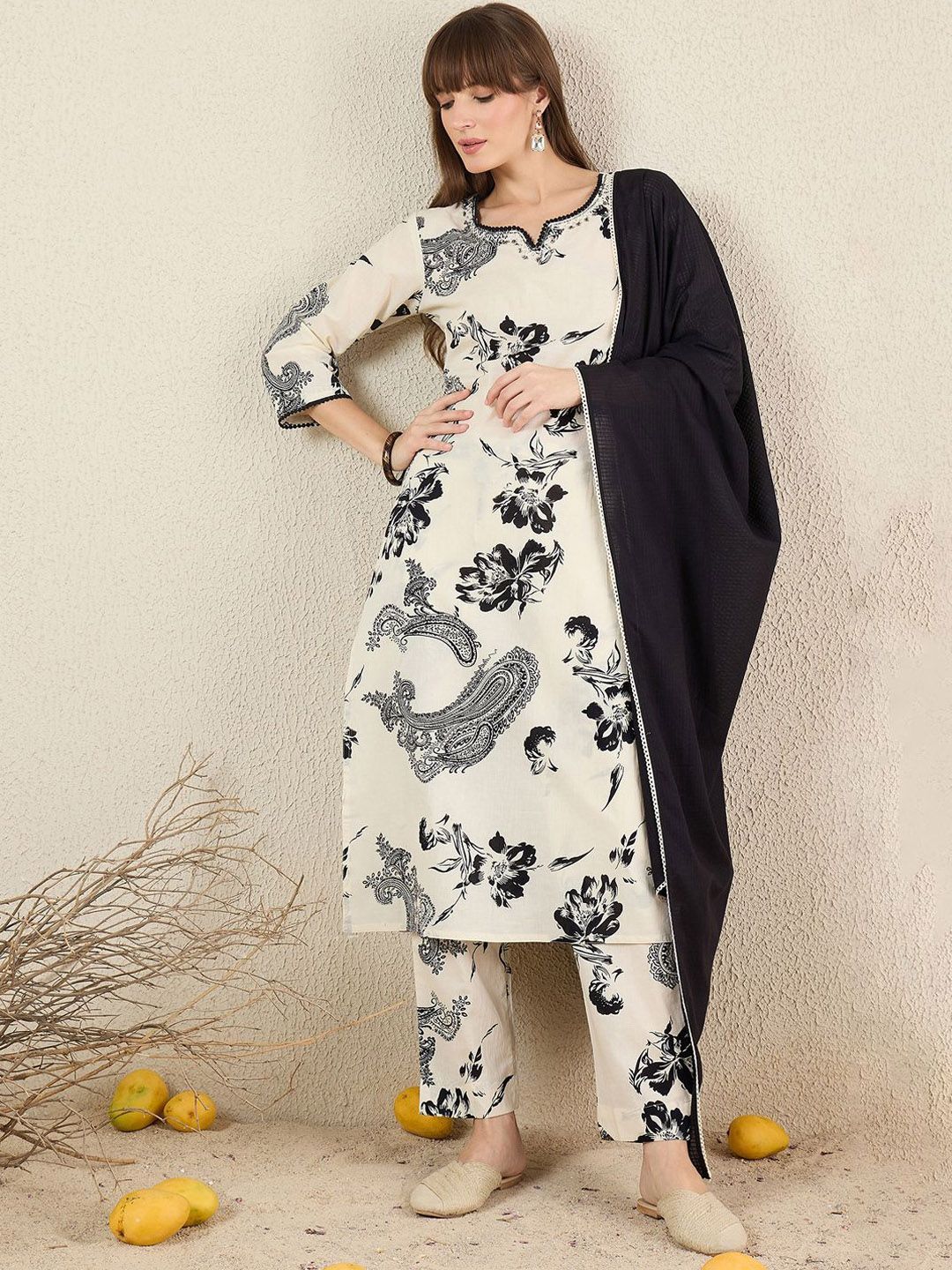 Dhiyona IE Women Floral Printed Cotton Kurta with Trousers & Dupatta