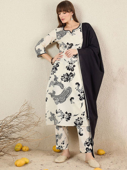 Dhiyona IE Women Floral Printed Cotton Kurta with Trousers & Dupatta