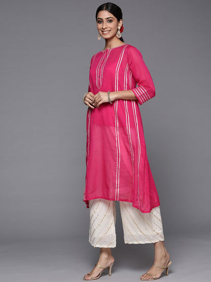 Dhiyona VA Women's Pink Yoke Design Pleated Gotta Patti Cotton Kurta with Palazzos & Dupatta