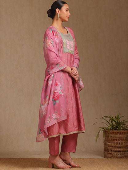 Dhiyona SO Women's Floral Embroidered Round Neck Sequinned A-Line Kurta With Trousers & Dupatta