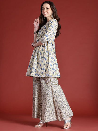 Dhiyona IE Floral Printed Empire Pure Cotton Kurta with Sharara & With Dupatta