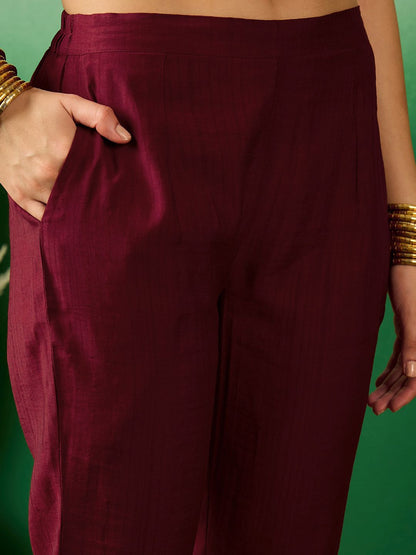 Dhiyona SN Women's Maroon Floral Embroidered V-Neck Sequinned A-Line Kurta With Pant & Dupatta