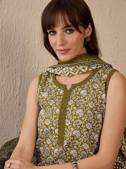 Women Ethnic Motifs Printed Regular Pure Cotton Kurta with Trousers & With Dupatta