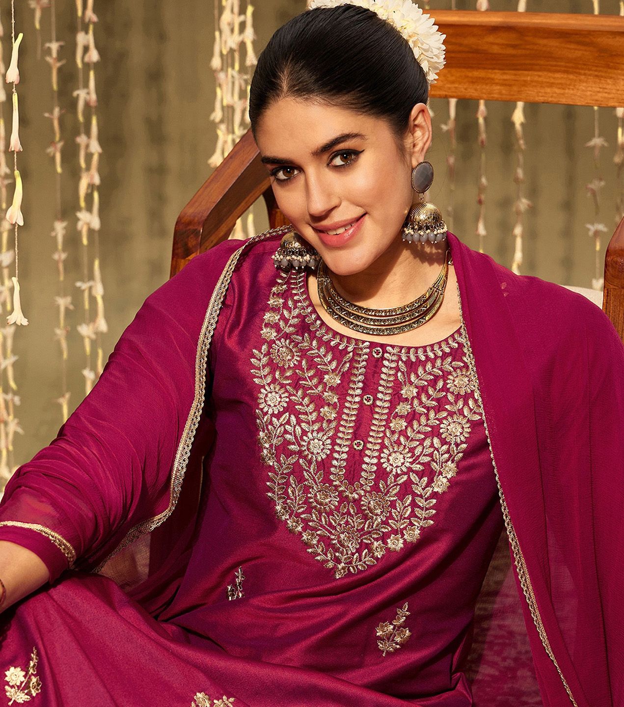 Dhiyona IE Magenta Ethnic Motifs Embroidered Straight Kurta & Trouser With Dupatta