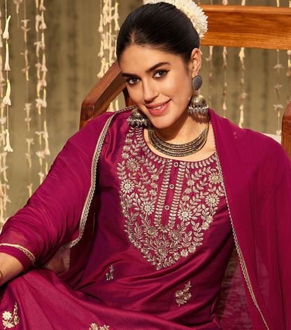 Dhiyona IE Magenta Ethnic Motifs Embroidered Straight Kurta & Trouser With Dupatta