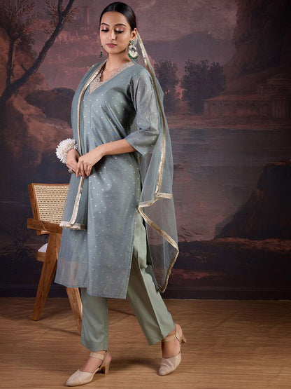 Dhiyona PD Women Floral Woven Design Straight Kurta With Trousers & Dupatta
