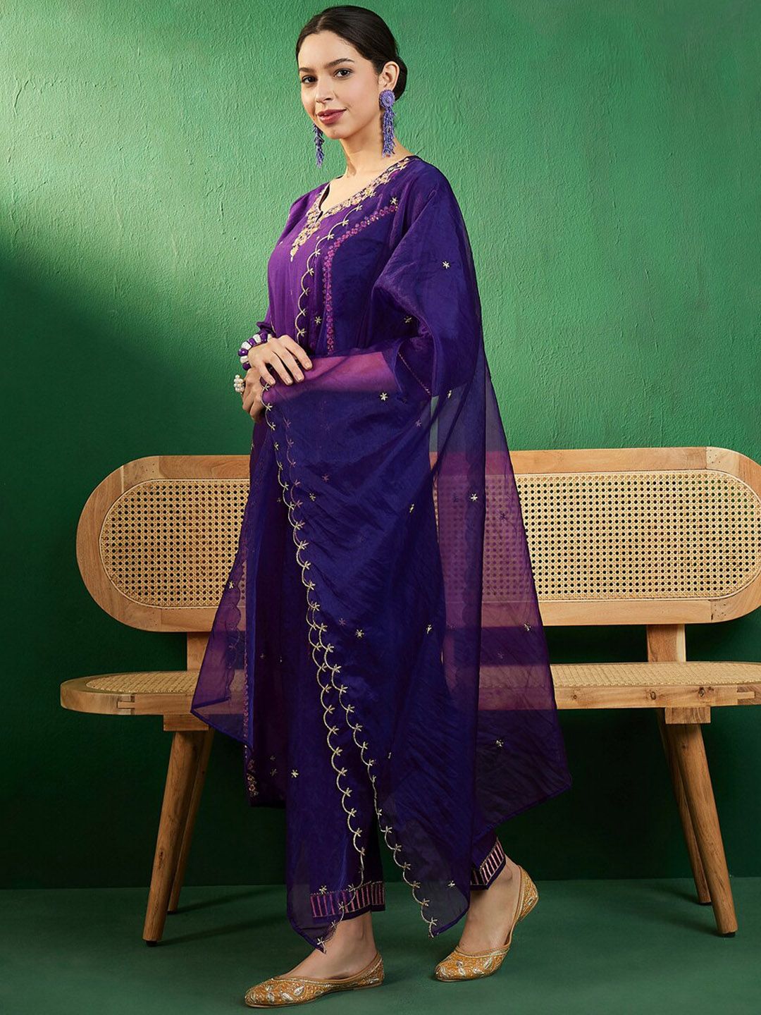 Dhiyona SN Women's Purple & Gold Toned Zari Embroidered Straight Kurta With Trouser & Dupatta