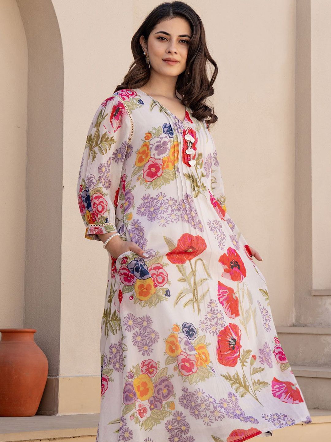 Women Floral Printed V-Neck Pure Cotton A-Line Kurta with Trouser