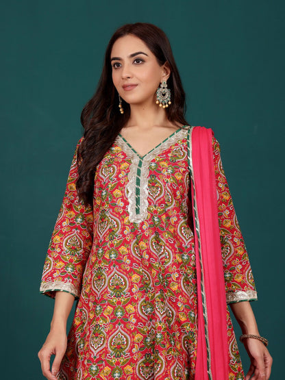 Dhiyona VA Women's Floral Printed Regular Kurta with Dhoti Pants & With Dupatta