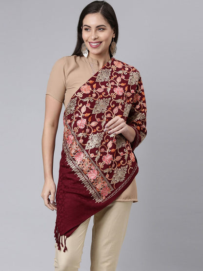 Dhiyona PA Women Maroon & Purple Embroidered Shawl