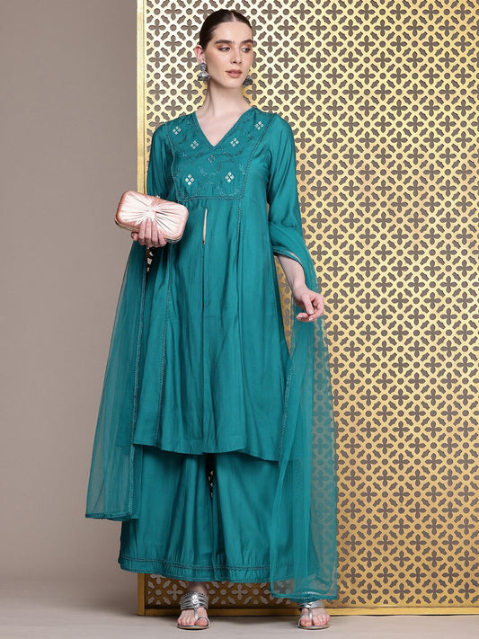 Dhiyona PD Women Embroidered Front High Slit Jashn Kurta With Palazzos & Dupatta