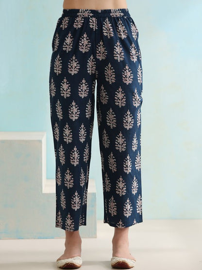 Women's Ethnic Motifs Printed V-Neck Pure Cotton A-Line Kurta with Palazzos & Dupatta