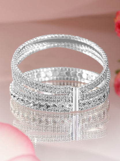 Dhiyona RJ Women's Rhodium-Plated Crystals Stone Studded Cuff Bracelet