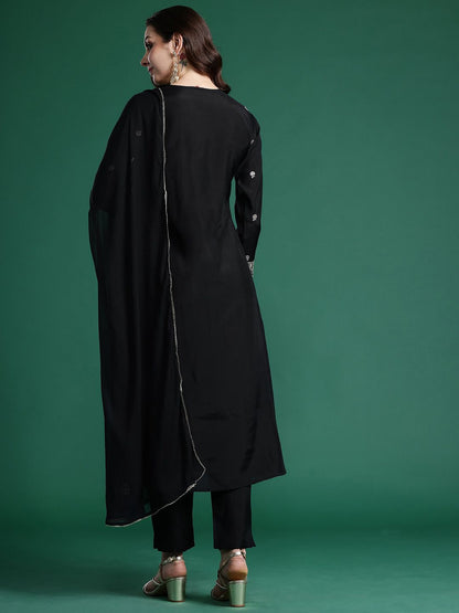 Ethnic Motifs Embroidered Angrakha Kurta with Trousers & Dupatta