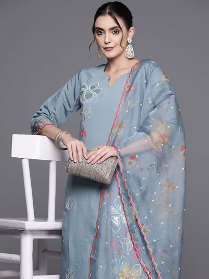 Dhiyona IE Women Floral Embroidered Regular Sequinned Kurta with Trousers & With Dupatta