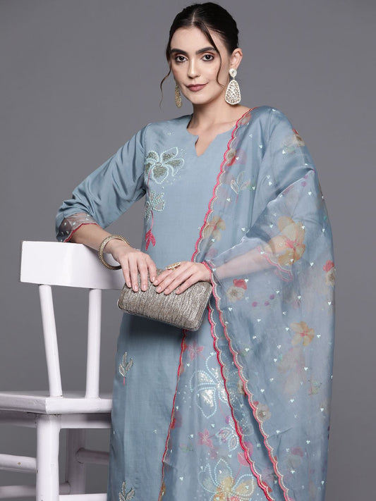 Dhiyona IE Women Floral Embroidered Regular Sequinned Kurta with Trousers & With Dupatta