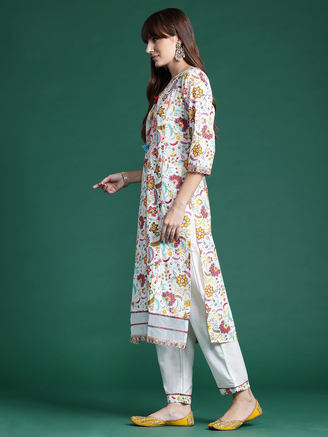 Floral Printed Sequinned Pure Cotton Kurta With Trousers & Dupatta