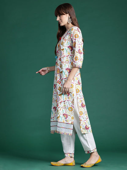 Floral Printed Sequinned Pure Cotton Kurta With Trousers & Dupatta