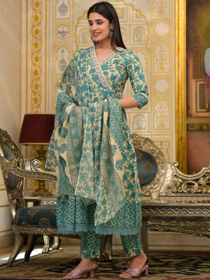 Dhiyona VA Women'sEthnic Motifs Printed Mirror Work Pure Cotton Kurta with Trousers & Dupatta