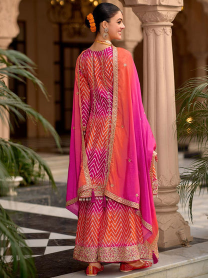 Chevron Printed Sequinned Round Neck A-Line Kurta With Palazzos & Dupatta