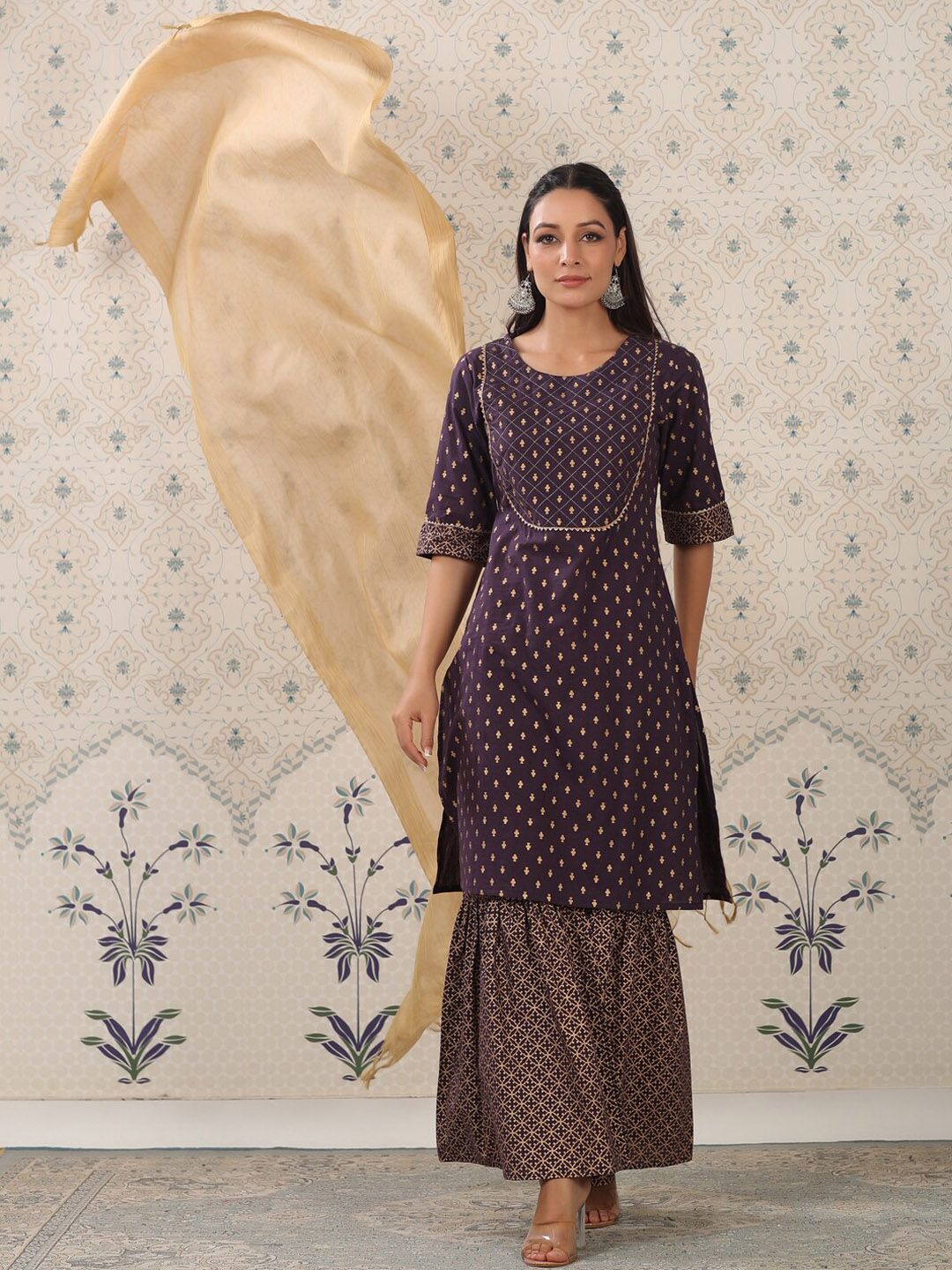Dhiyona OD  Purple Floral Printed Pure Cotton Kurta With Sharara & Dupatta