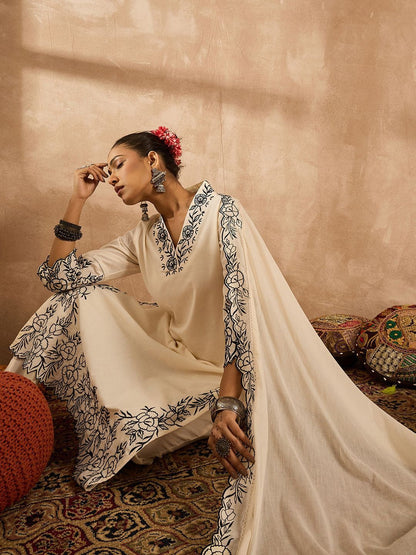 Women Floral Embroidered Regular Thread Work Pure Cotton Kurta with Trousers & With Dupatta