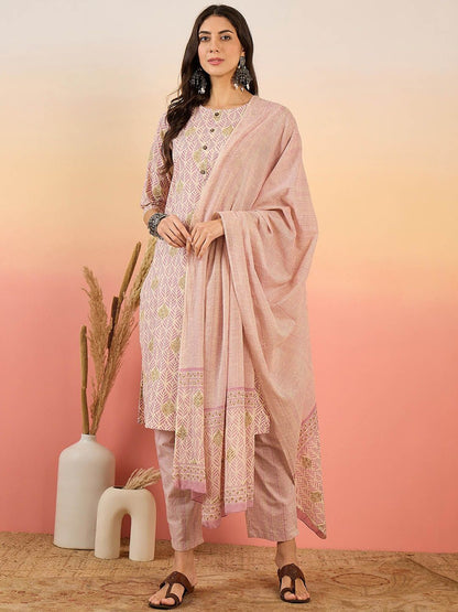 Dhiyona SN Women's Ethnic Motifs Printed Pure Cotton Kurta with Trousers & Dupatta